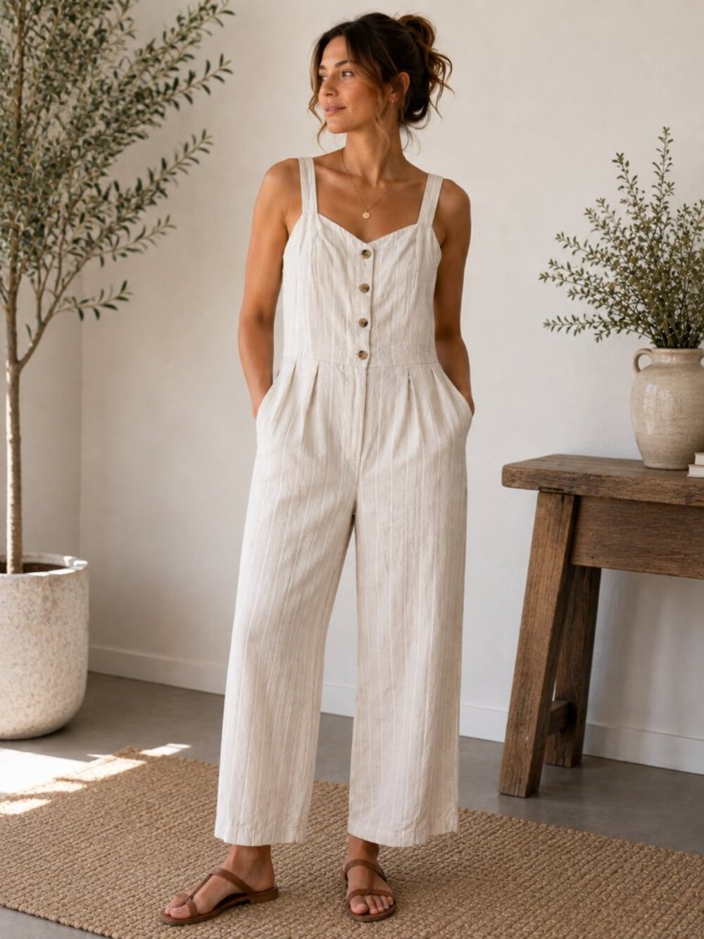 Old Navy Button Front Linen Blend Cami Jumpsuit Neutral Stripe XL